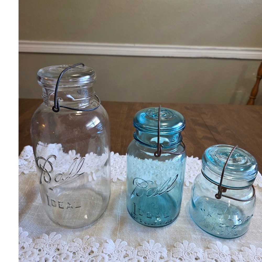 Vintage Ball Ideal Glass Canning Jars Set of 3 Wire Bail Aqua Blue /Clear 1908
